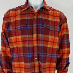 MOUNTAIN KHAKIS Flannel Shirt Jacket Sherpa Lined Mens Medium Red Orange Snaps